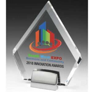 clear crystal award triangle shape with metal base printed with logo